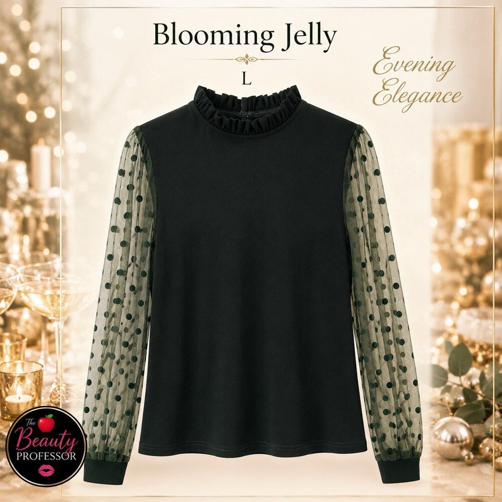 💋 Blooming Jelly Women’s L Dark Green Sheer Polka Dot Sleeve Ruffle Neck Top